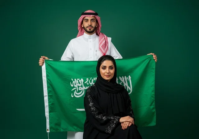 National occasions and celebrations in the Kingdom of Saudi Arabia, pride and honor in belonging to the homeland, a Saudi Gulf Arab couple celebrating Saudi National Day on September 23, Flag Day on March 11