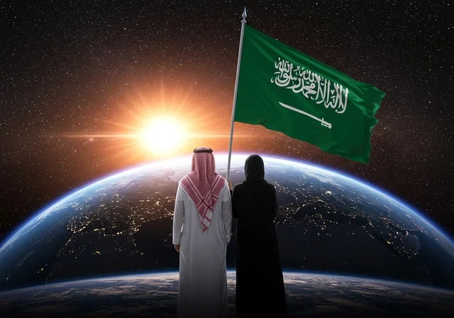 National Day of the Unification of the Kingdom, September 23, a photo from the back of a Saudi Arabian Gulf man standing next to his wife and holding the Saudi flag, love of the homeland and preserving the country's identity, the memory of the Saudi National Day, Flag Day, March 11, the development and growth of the space sector, a background of sunrise on the Earth