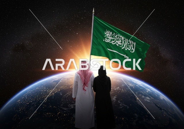 National Day of the Unification of the Kingdom, September 23, a photo from the back of a Saudi Arabian Gulf man standing next to his wife and holding the Saudi flag, love of the homeland and preserving the country's identity, the memory of the Saudi National Day, Flag Day, March 11, the development and growth of the space sector, a background of sunrise on the Earth