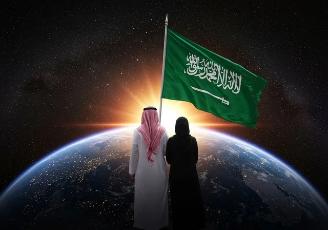 National Day of the Unification of the Kingdom, September 23, a photo from the back of a Saudi Arabian Gulf man standing next to his wife and holding the Saudi flag, love of the homeland and preserving the country's identity, the memory of the Saudi National Day, Flag Day, March 11, the development and growth of the space sector, a background of sunrise on the Earth
