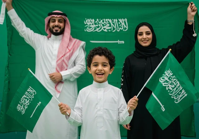 الاعتزاز والفخر بالانتماء للوطن، مناسبات واحتفالات وطنية في المملكة العربية السعودية، بورتريه لعائلة عربية خليجية سعودية تحتفل باليوم الوطني السعودي 23 سبتمبر، يوم العلم 11 مارس، خلفية خضراء