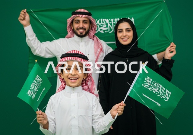 الاعتزاز والفخر بالانتماء للوطن، مناسبات واحتفالات وطنية في المملكة العربية السعودية، بورتريه لعائلة عربية خليجية سعودية تحتفل باليوم الوطني السعودي 23 سبتمبر، يوم العلم 11 مارس، خلفية خضراء