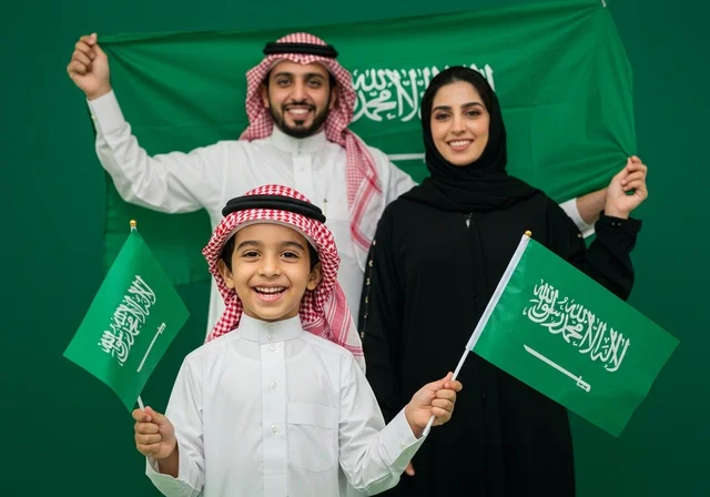 الاعتزاز والفخر بالانتماء للوطن، مناسبات واحتفالات وطنية في المملكة العربية السعودية، بورتريه لعائلة عربية خليجية سعودية تحتفل باليوم الوطني السعودي 23 سبتمبر، يوم العلم 11 مارس، خلفية خضراء