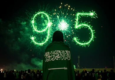 مشاهدة المفرقعات والألعاب النارية في المساء، صورة من الخلف لسيدة عربية خليجية سعودية ترتدي الحجاب تضع علم المملكة العربية السعودية على كتفيها، الاحتفال بالمناسبات والأعياد الوطنية، يوم العلم 11 مارس، اليوم الوطني السعودي 23 سبتمبر، احياء الذكرى 95  للسعودية