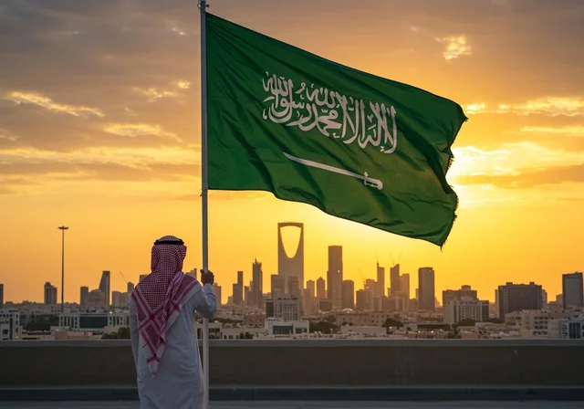 Sunset over the city, pride and honor of belonging to the homeland, national occasions and celebrations in the Kingdom of Saudi Arabia, a Saudi Gulf Arab man wearing a traditional shemagh and thobe raising the flag in the middle of the road, Saudi National Day September 23, Flag Day March 11