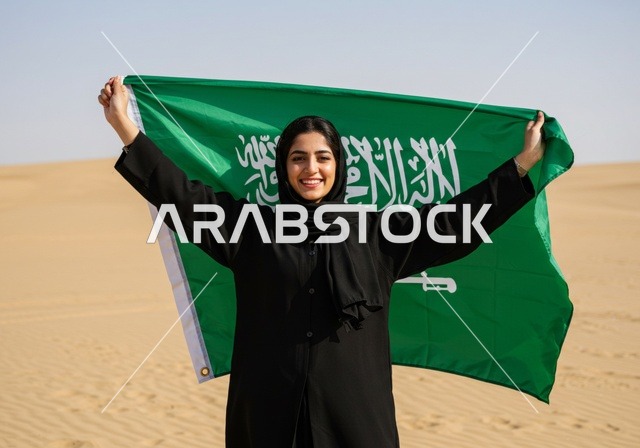 الاحتفال بالمناسبات والأعياد الوطنية في الطبيعة، يوم العلم 11 مارس، اليوم الوطني السعودي 23 سبتمبر، إمرأة عربية خليجية سعودية مبتسمة ترتدي الحجاب والعباءة تقف وسط الصحراء ترفع العلم لاحياء الذكرى 