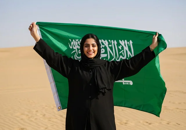 Celebrating national occasions and holidays in nature, Flag Day March 11, Saudi National Day September 23, a smiling Saudi Arabian Gulf woman wearing a hijab and abaya stands in the desert raising the flag to commemorate the anniversary