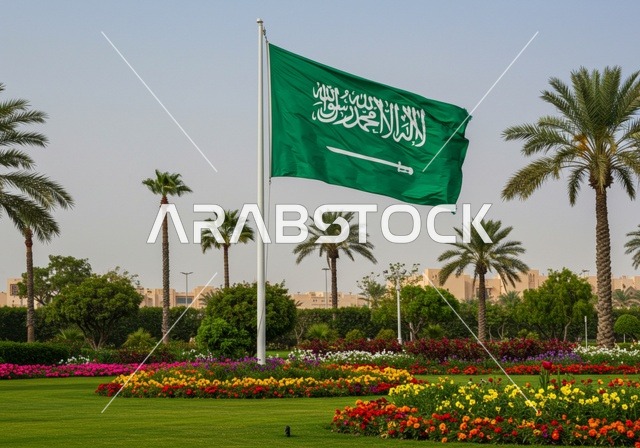 الحدائق العامة في المملكة العربية السعودية، الاحتفال بيوم العلم 11 مارس، احياء ذكرى اليوم الوطني السعودي 23 سبتمبر، علم وراية الوطن ترفرف في السماء في النهار