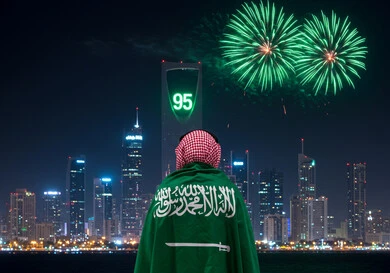 Watching fireworks in the evening, a back view of a Saudi Arabian Gulf man wearing a shemagh and placing the flag of the Kingdom of Saudi Arabia on his shoulders, celebrating national occasions and holidays, Flag Day March 11, Saudi National Day September 23, commemorating the 95th anniversary of Saudi Arabia