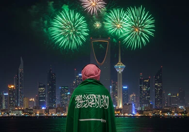 Watching fireworks in the evening, a back view of a Saudi Arabian Gulf man wearing a shemagh and placing the flag of the Kingdom of Saudi Arabia on his shoulders, celebrating national occasions and holidays, Flag Day March 11, Saudi National Day September 23, commemorating the 95th anniversary of Saudi Arabia
