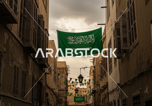 Traditional mud houses and buildings, celebrating Flag Day on March 11, commemorating Saudi National Day on September 23, the flag and banner of the country, the flag of the Kingdom of Saudi Arabia in the middle of popular neighborhoods