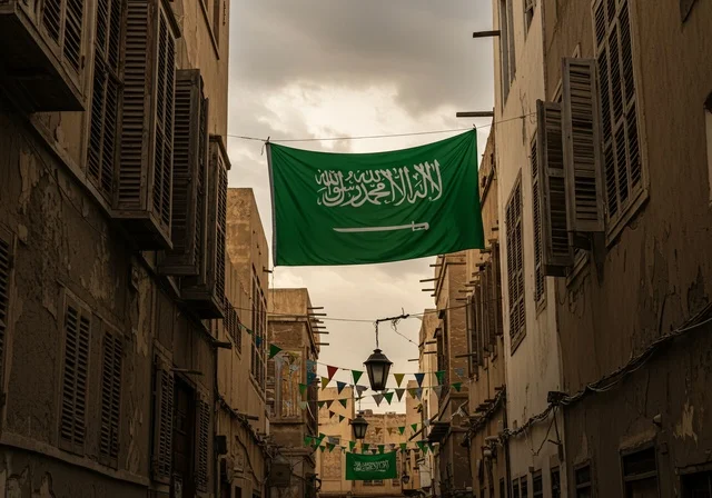 Traditional mud houses and buildings, celebrating Flag Day on March 11, commemorating Saudi National Day on September 23, the flag and banner of the country, the flag of the Kingdom of Saudi Arabia in the middle of popular neighborhoods