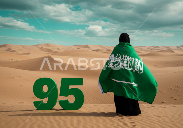 يوم العلم 11 مارس، اليوم الوطني السعودي 23 سبتمبر،  صورة من الخلف لإمرأة عربية خليجية سعودية ترتدي الحجاب والعباءة تقف وسط الصحراء تضع علم المملكة على ظهرها لاحياء الذكرى 95 للسعودية، الاحتفال بالمناسبات والأعياد الوطنية في الطبيعة