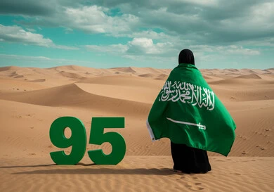 Flag Day March 11, Saudi National Day September 23, Back view of a Saudi Arabian Gulf woman wearing hijab and abaya standing in the desert with the Kingdom's flag on her back to commemorate the 95th anniversary of Saudi Arabia, Celebrating National Days and Occasions in Nature