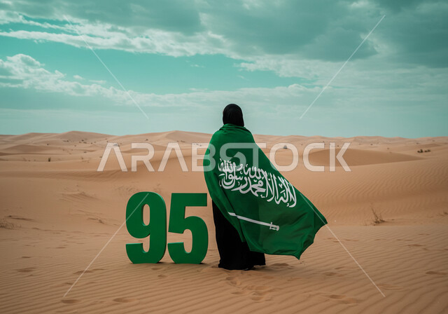 يوم العلم 11 مارس، اليوم الوطني السعودي 23 سبتمبر،  صورة من الخلف لإمرأة عربية خليجية سعودية ترتدي الحجاب والعباءة تقف وسط الصحراء تضع علم المملكة على ظهرها لاحياء الذكرى 95 للسعودية، الاحتفال بالمناسبات والأعياد الوطنية في الطبيعة