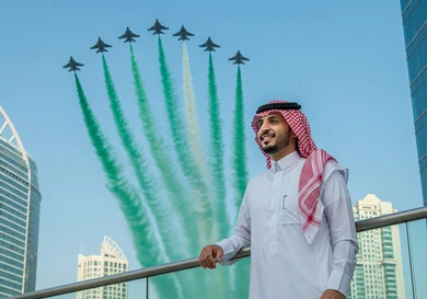 مشاهدة العرض الجوي للطائرات في احتفالات العيد الوطني، اليوم الوطني السعودي 23 سبتمبر، رجل عربي خليجي سعودي يرتدي الشماغ والثوب التقليدي يشاهد تحليق الطيران الحربي في سماء المملكة العربية السعودية في ذكرى يوم العلم 11 مارس، تزيين السماء بدخان ملون