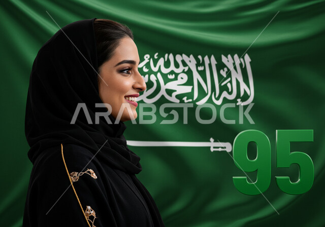 احياء الذكرى 95 لتأسيس المملكة العربية السعودية، الاحتفال بالمناسبات والأعياد الوطنية، يوم العلم 11 مارس، اليوم الوطني السعودي 23 سبتمبر، صورة مقربة من الجانب لإمرأة عربية خليجية سعودية مبتسمة ترتدي الحجاب والعباءة بتعابير الاعتزاز والفخر