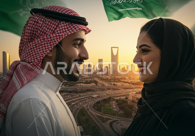 احياء ذكرى تأسيس المملكة العربية السعودية، الاحتفال بالمناسبات والأعياد الوطنية، يوم العلم 11 مارس، اليوم الوطني السعودي 23 سبتمبر، صورة مقربة من الجانب لإمرأة عربية خليجية سعودية مبتسمة ترتدي الحجاب والعباءة تنظر الى رجل يرتدي الشماغ والثوب التقليدي 