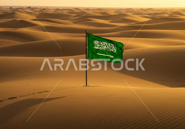 غرس علم المملكة العربية السعودية وسط الصحراء، راية التوحيد وشعار الوطن، الاحتفال بالمناسبات والأعياد الوطنية، يوم العلم 11 مارس، اليوم الوطني السعودي 23 سبتمبر