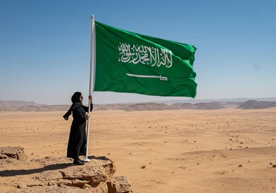 راية التوحيد وشعار الوطن، الاحتفال بالمناسبات والأعياد الوطنية، يوم العلم 11 مارس، اليوم الوطني السعودي 23 سبتمبر، إمرأة عربية خليجية سعودية ترتدي الحجاب والعباءة تعتز بالوطن، رفع علم المملكة العربية السعودية وسط الصحراء