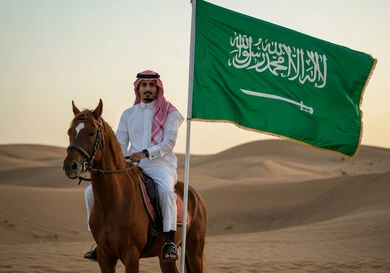  توارث حب الجياد من الاجداد ونشره بين أبناء الوطن، رجل عربي خليجي سعودي يمتطي فرس عربي أصيل ويرفع علم السعودية في الصحراء، اليوم الوطني السعودي 23 سبتمبر، يوم العلم 11 مارس، نشر حب الخيل بين ابناء المملكة، حب الوطن والانتماء إليه 