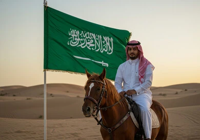  توارث حب الجياد من الاجداد ونشره بين أبناء الوطن، رجل عربي خليجي سعودي يمتطي فرس عربي أصيل ويرفع علم السعودية في الصحراء، اليوم الوطني السعودي 23 سبتمبر، يوم العلم 11 مارس، نشر حب الخيل بين ابناء المملكة، حب الوطن والانتماء إليه 