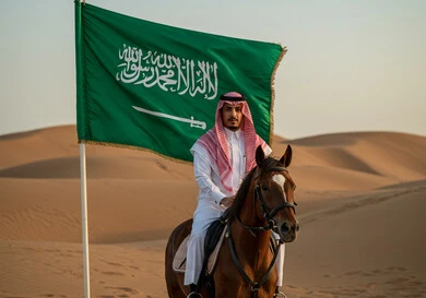  توارث حب الجياد من الاجداد ونشره بين أبناء الوطن، رجل عربي خليجي سعودي يمتطي فرس عربي أصيل ويرفع علم السعودية في الصحراء، اليوم الوطني السعودي 23 سبتمبر، يوم العلم 11 مارس، نشر حب الخيل بين ابناء المملكة، حب الوطن والانتماء إليه 