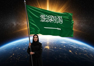 اليوم الوطني السعودي 23 سبتمبر، سيدة خليجية عربية سعودية مبتسمة ترتدي العباءة والحجاب وتحمل علم السعودية، مفهوم  حب الوطن، الإحتفال بذكرى توحيد المملكة، يوم العلم 11 مارس، خلفية الكرة الارضية في الفضاء الخارجي