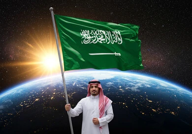 مفهوم حب الوطن، الإحتفال بذكرى توحيد المملكة، يوم العلم 11 مارس، اليوم الوطني السعودي 23 سبتمبر، سيد خليجي عربي سعودي يرتدي الشماغ والثوب التقليدي يحمل علم السعودية، خلفية الكرة الارضية في الفضاء الخارجي