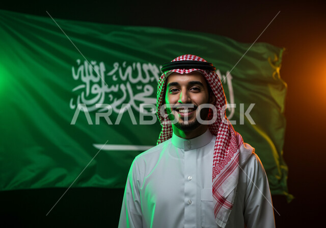 النظر الى الكاميرا بتعابير السرور والفخر بالانتماء للوطن، رجل عربي خليجي سعودي مبتسم يرتدي الشماغ والثوب التقليدي يحتفل باليوم الوطني السعودي 23 سبتمبر، يوم العلم 11 مارس، احتفالات ومناسبات وطنية في المملكة العربية السعودية