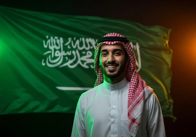 النظر الى الكاميرا بتعابير السرور والفخر بالانتماء للوطن، رجل عربي خليجي سعودي مبتسم يرتدي الشماغ والثوب التقليدي يحتفل باليوم الوطني السعودي 23 سبتمبر، يوم العلم 11 مارس، احتفالات ومناسبات وطنية في المملكة العربية السعودية