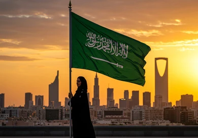 غروب الشمس فوق المدينة، الاعتزاز والفخر بالانتماء للوطن، مناسبات واحتفالات وطنية في المملكة العربية السعودية، إمرأة عربية خليجية سعودية ترتدي الحجاب والعباءة ترفع العلم وسط الطريق، اليوم الوطني السعودي 23 سبتمبر، يوم العلم 11 مارس