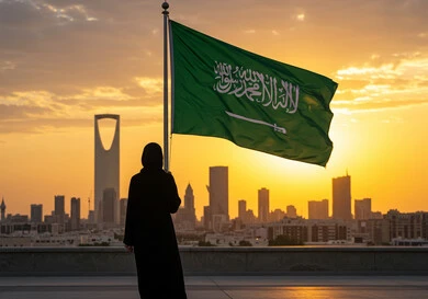 غروب الشمس فوق المدينة، الاعتزاز والفخر بالانتماء للوطن، مناسبات واحتفالات وطنية في المملكة العربية السعودية، إمرأة عربية خليجية سعودية ترتدي الحجاب والعباءة ترفع العلم وسط الطريق، اليوم الوطني السعودي 23 سبتمبر، يوم العلم 11 مارس