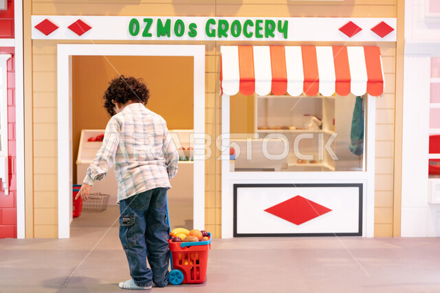 Having fun at the amusement center, learning how to shop for fresh vegetables from the grocery store, supporting and developing children's skills. A photo from the back of a boy from the Gulf, Emirati, wearing casual clothes, pulling a shopping cart, showing healthy and nutritious food.