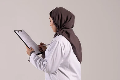 العمل في المراكز والمستشفيات، الطب والرعاية الصحية، تدوين الملاحظات والبيانات، بورتريه مقرب من الجانب لطبيبة عربية خليجية اماراتية محجبة ترتدي المعطف الطبي الأبيض تضع سماعة الفحص الطبية تحمل بيدها حامل الاوراق, شابة سعودية تقوم بتقديم المساعدة الطبية، خلفية بنية