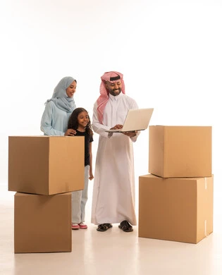Using modern technologies, owning a new home and family stability, ensuring shipping and delivery services, moving to a new house, a portrait of a Saudi Arabian Gulf couple using a laptop with their daughter, making online orders, full-body, white background.