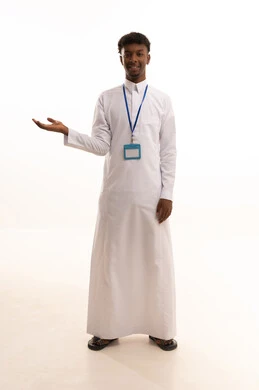 Expressions of carrying and lifting something, a portrait of a young Arab Gulf Saudi man with a dark complexion wearing a white thobe looking with gestures of happiness, wearing a personal badge, a personal identification card with the employee's name, a blank white rectangular mock-up, white background.