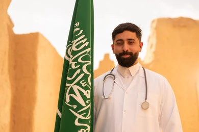 Saudi medical professions and jobs, the concept of working in the medical sector, a Saudi Gulf Arab doctor wearing the traditional medical coat and stethoscope standing in a mud house and holding the flag of the Kingdom, commemorating Saudi National Day, September 23, the day we started in 1727 AD, celebrating Flag Day, March 11