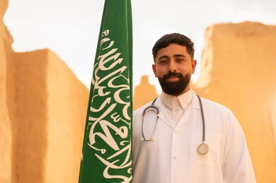 الإحتفال بيوم العلم 11 مارس، مهن ووظائف سعودية طبية، مفهوم العمل في القطاع الطبي، طبيب عربي خليجي سعودي يرتدي الثوب التقليدي المعطف الطبي والسماعات يقف في بيت طيني ويحمل بيده علم المملكة، إحياء ذكرى اليوم الوطني السعودي 23 سبتمبر، يوم بدينا 1727 م