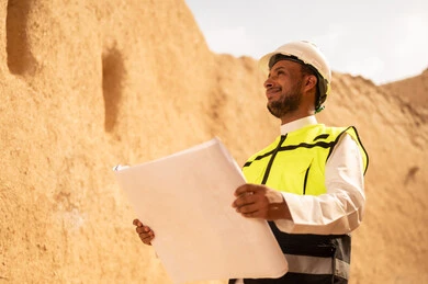 اساسيات البناء للبيوت والقصور التراثية، يوم بدينا 1727 م، اليوم الوطني 23 سبتمبر، التعرف على فن العمارة القديمة، ذكرى تأسيس الدولة السعودية الأولى 22 فبراير، مهندس عربي خليجي سعودي يرتدي السترة والخوذة يمسك بيده مخطط البناء، التجول في الحي الشعبي