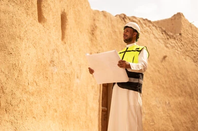 التعرف على فن العمارة القديمة، ذكرى تأسيس الدولة السعودية الأولى 22 فبراير، مهندس عربي خليجي سعودي يرتدي السترة والخوذة يمسك بيده مخطط البناء، التجول في الحي الشعبي، اساسيات البناء للبيوت والقصور التراثية، يوم بدينا 1727 م، اليوم الوطني 23 سبتمبر