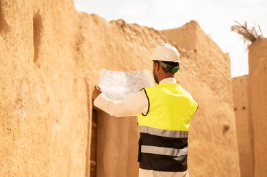 التعرف على فن العمارة القديمة، ذكرى تأسيس الدولة السعودية الأولى 22 فبراير، مهندس عربي خليجي سعودي يرتدي السترة والخوذة يمسك بيده مخطط البناء، التجول في الحي الشعبي، اساسيات البناء للبيوت والقصور التراثية، يوم بدينا 1727 م، اليوم الوطني 23 سبتمبر