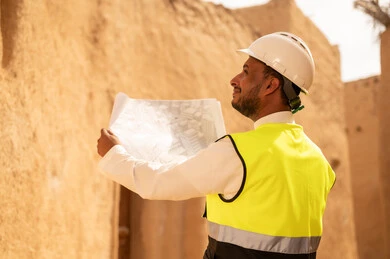 Learn about ancient architecture, the anniversary of the founding of the first Saudi state on February 22, a Saudi Gulf Arab engineer wearing a jacket and helmet holding a building plan, a tour of the popular neighborhood, the basics of building heritage houses and palaces, the day we began in 1727 AD, National Day on September 23