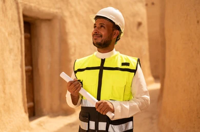 اساسيات البناء للبيوت والقصور التراثية، يوم بدينا 1727 م، اليوم الوطني 23 سبتمبر، التعرف على فن العمارة القديمة، ذكرى تأسيس الدولة السعودية الأولى 22 فبراير، مهندس عربي خليجي سعودي يرتدي السترة والخوذة يمسك بيده مخطط البناء، التجول في الحي الشعبي