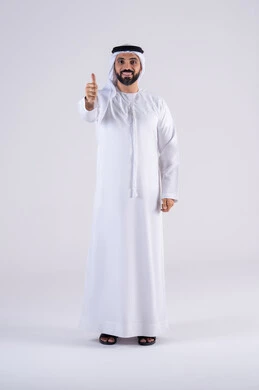 Cheerfulness and happiness, expressions of satisfaction and approval, portrait of an Emirati Gulf Arab man wearing a kandura and ghutra, raising his hands in gestures of quality, excellence and distinction, expressing quality and mastery