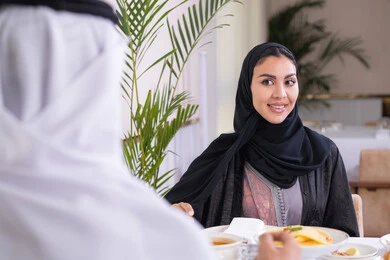 تقوية العلاقات الزوجية وروابط الحب والمودة، ، الخروج بسهرة مسائية عائلية، زوجان عربيان خليجيان اماراتيان يقضيان وقتهما سويا يجلسان على مائدة طعام في مطعم راقي، تشارك الأحاديث والمواضيع لتقريب وجهات النظر، صورة من الخلف لرجل عربي خليجي اماراتي