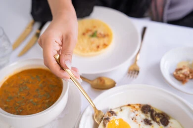 High-nutritious foods, healthy breakfast, delicious meals, a table of the most delicious foods in a high-end restaurant, delicious healthy dishes, restaurants serving Arabic and Western cuisine in the United Arab Emirates