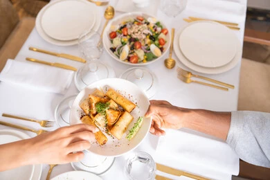 Sharing delicious meals, a table of the most delicious Western foods in a high-end restaurant, delicious healthy dishes, restaurants serving Arabic and Western cuisine in the United Arab Emirates, foods with high nutritional value