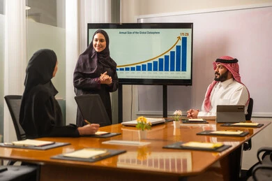 Problem solving and work development, a Saudi office job and profession, using modern technical devices, unity and teamwork, studying and analyzing new projects, exchanging experiences and ideas, workshops and training, holding a meeting for a team of Saudi Gulf Arab workers inside the company headquarters.