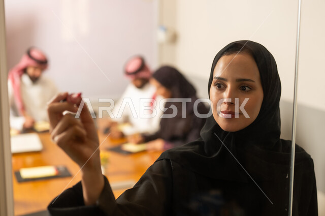 Using writing in meetings, acceptance and approval between companies, developing work and solving problems, integrating modern technology with work, studying and analyzing new projects, exchanging experiences and ideas, workshops and training, conducting a meeting for a team of Saudi Gulf Arab workers within the company premises.
